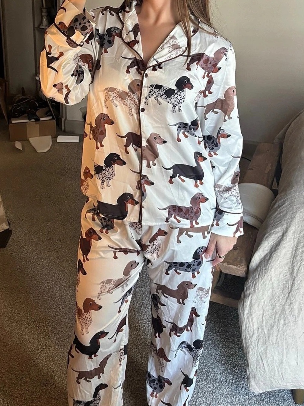 Dog Print Pajama Set in White & Brown Like New